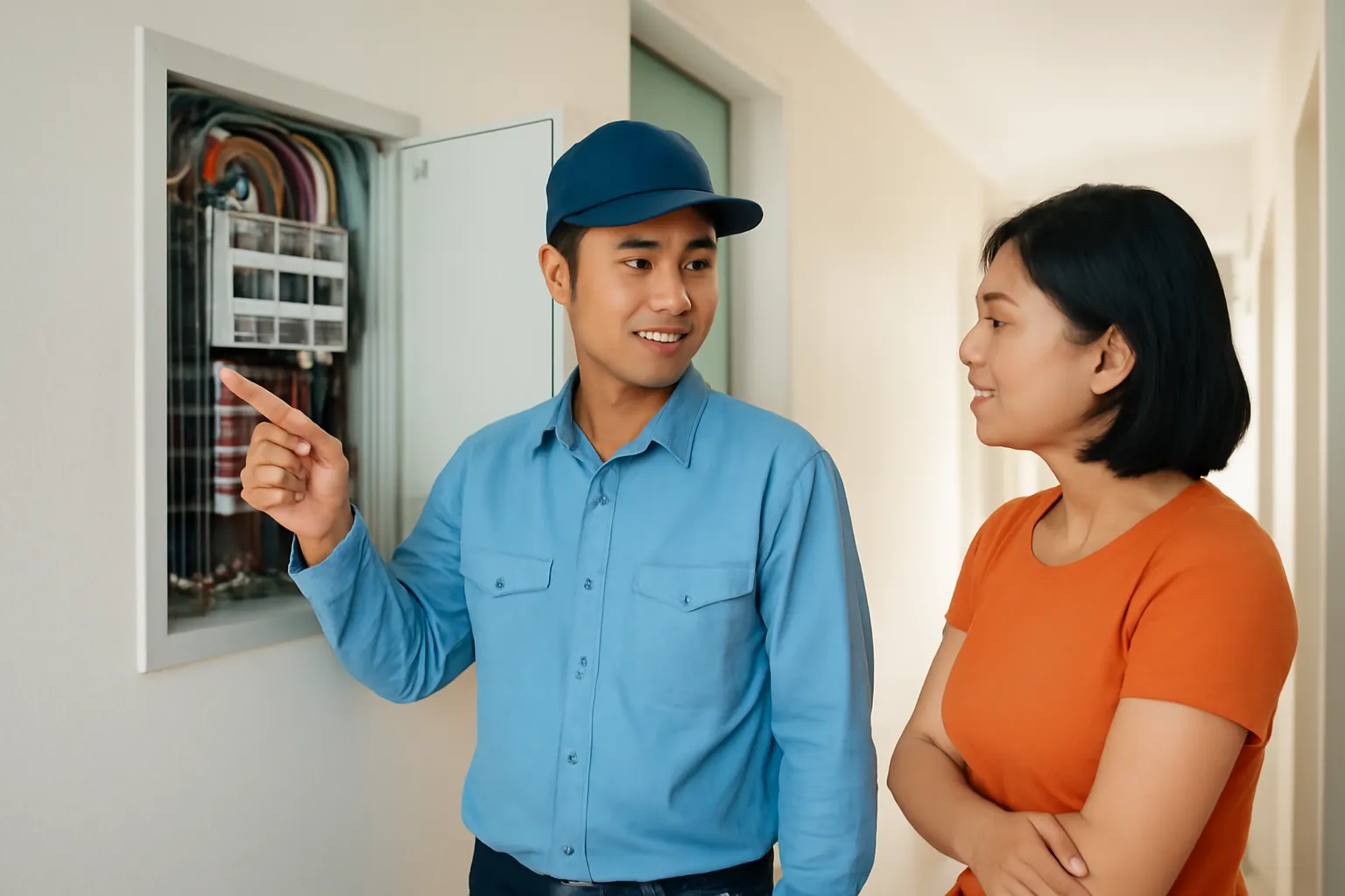 Người thợ điện giải thích với chủ nhà bên cạnh tủ điện đang mở