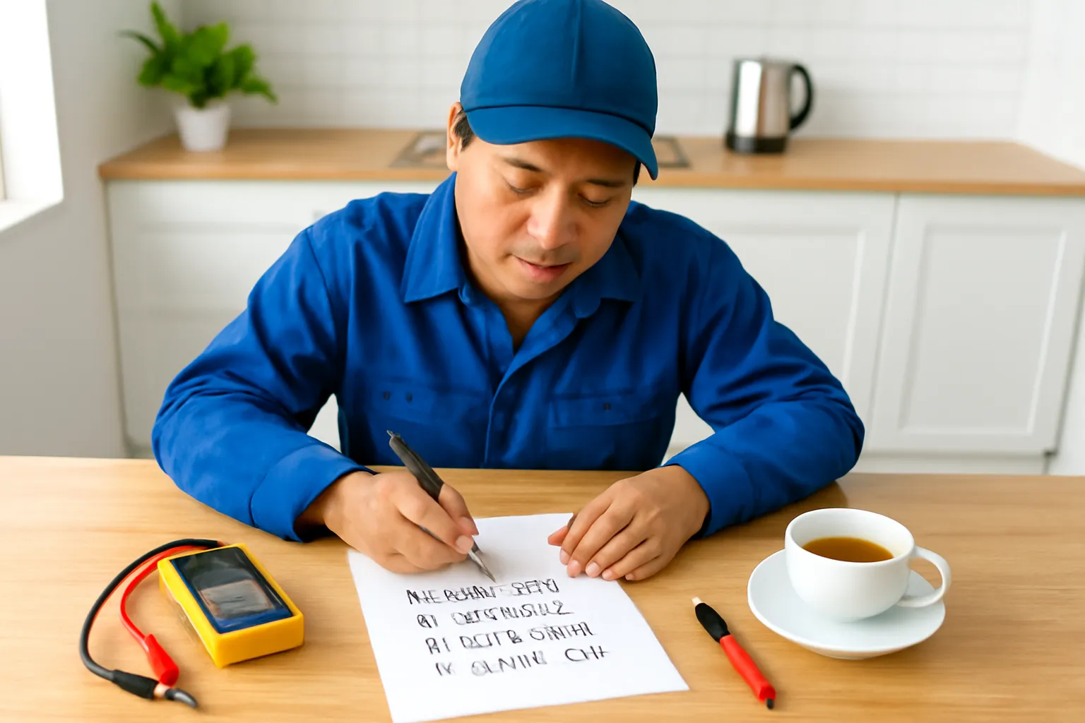 Người thợ điện tự làm chủ ngồi viết danh sách các bước kiểm tra vào một tờ giấy ở bàn nhà