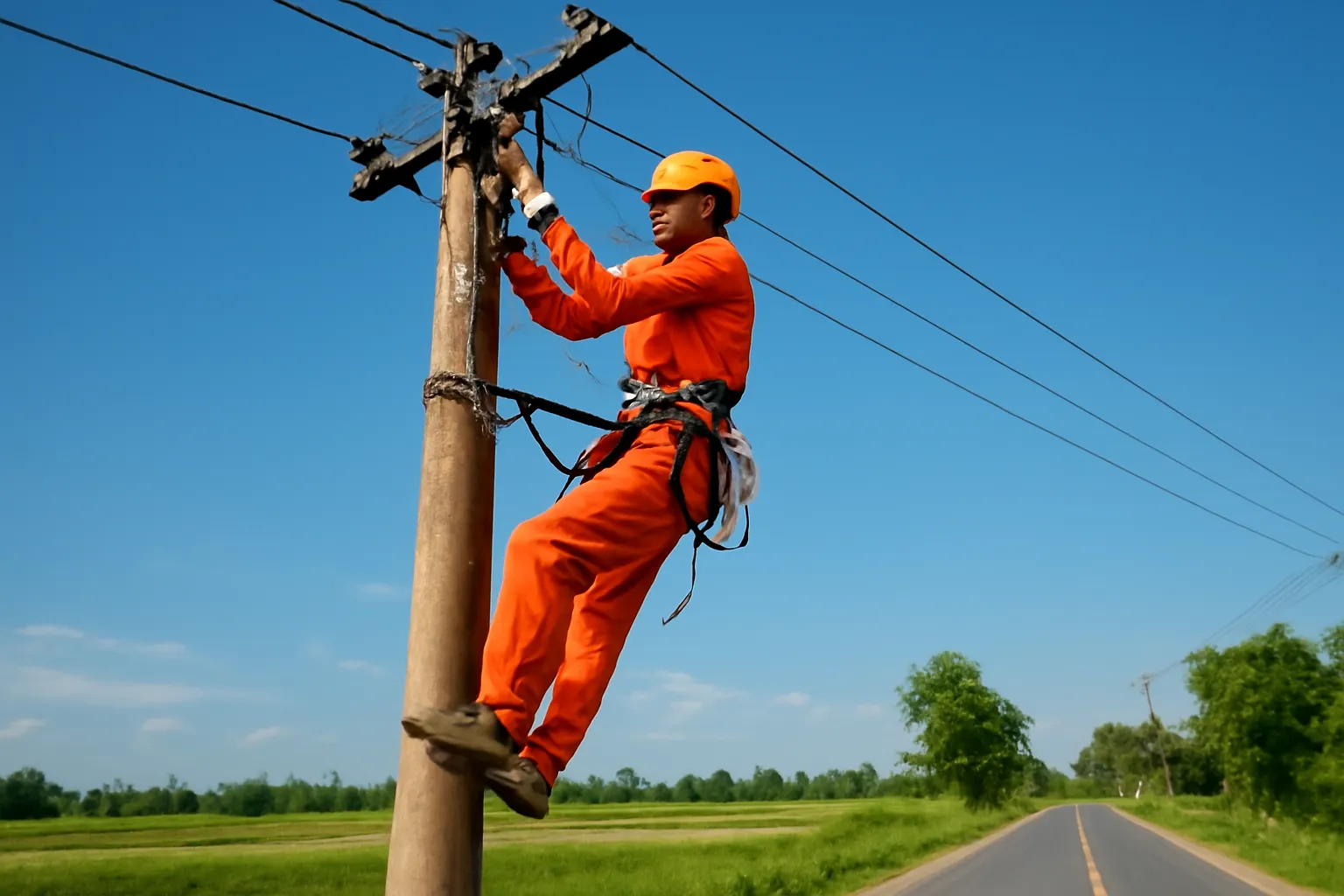 Kỹ thuật viên đeo dây an toàn làm việc trên cột điện cao ở ven đường