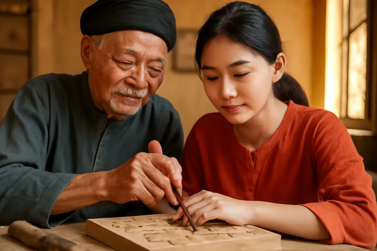 Người thợ cả lớn tuổi cầm tay chỉ cho cô học việc trẻ cách cầm đục gỗ