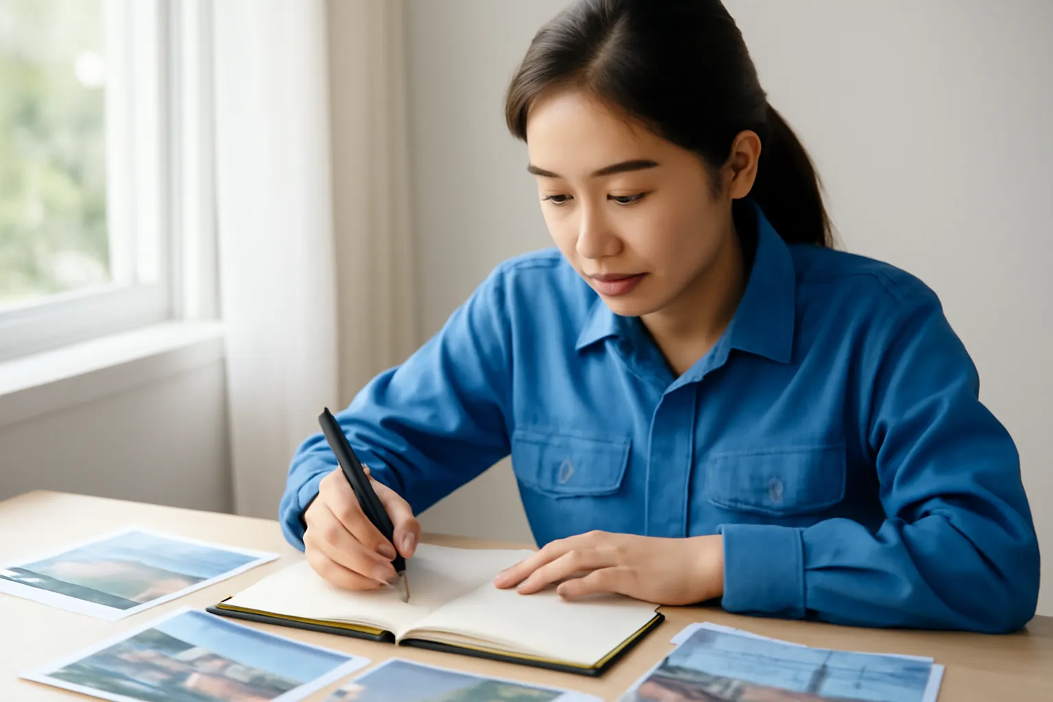 Người phụ nữ ngồi bên cửa sổ viết tay mô tả công việc vào sổ, bên cạnh là ảnh công trình in ra