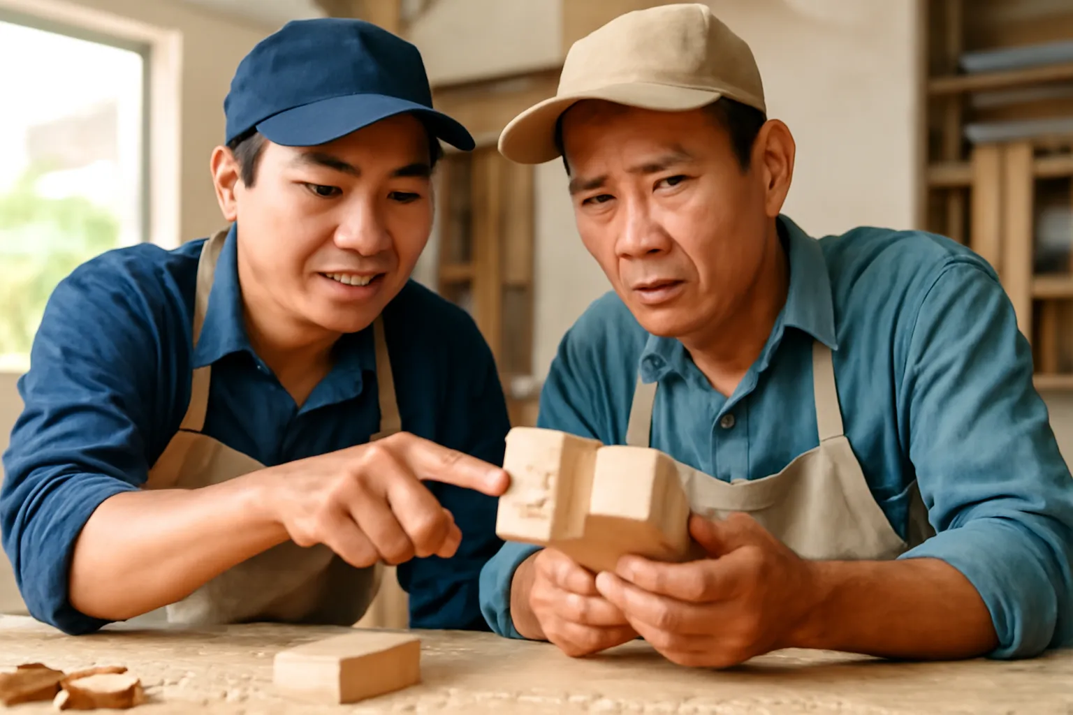Hai người thợ cùng cúi xem một mối ghép gỗ trên bàn làm việc